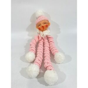 Vintage Crochet Octopus Doll shelf sitter Pink Rubber Face Pom Pom Kitsch